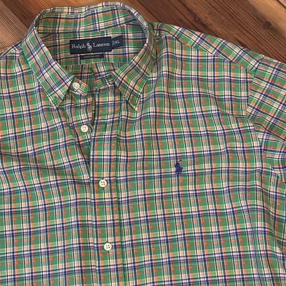 Ralph Lauren Custom Fit Plaid Shirt XL – Green & Navy with Orange - Picture 6 of 6